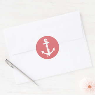 Sticker Rond Belle Ancre Nautique Corail Rose et Blanc