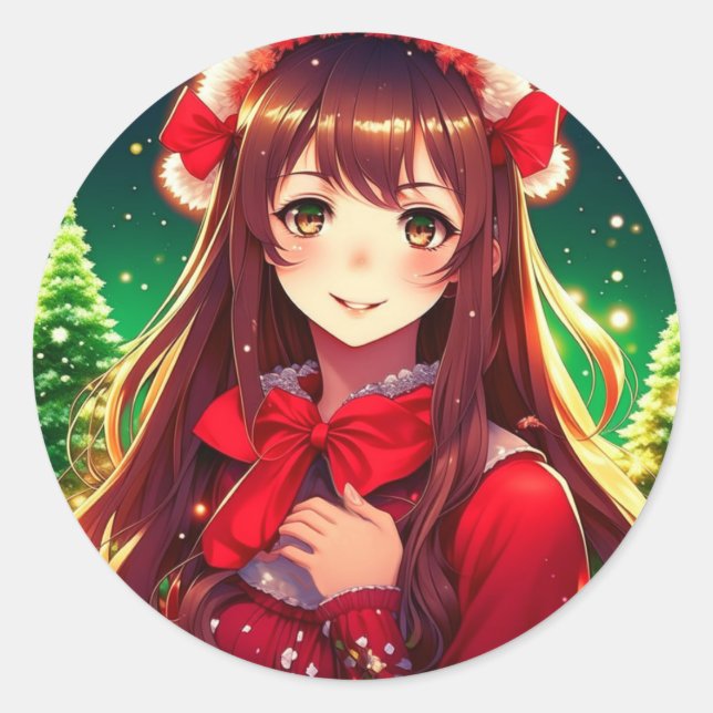Sticker Rond Belle Anime Girl dans Festive Rouge Noël (Devant)
