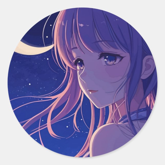 Sticker Rond Belle Anime violette fille (Devant)