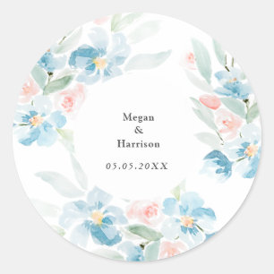 Sticker Rond Belle aquarelle bleu rose et fleurs bleues