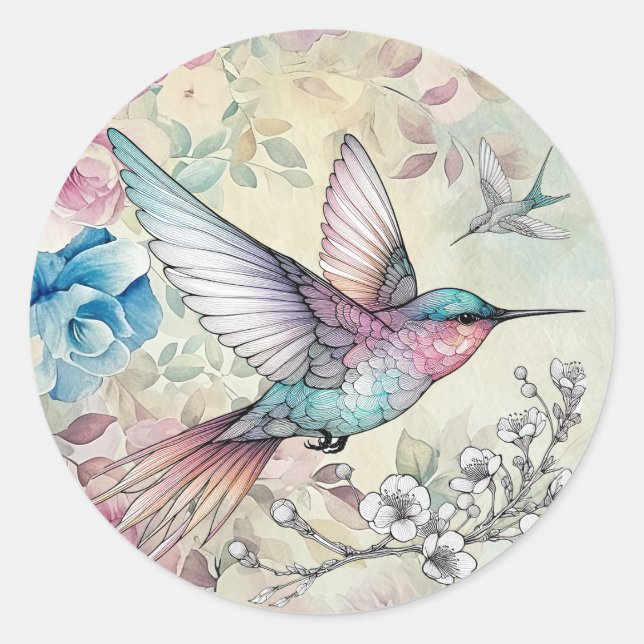 Sticker Rond Belle aquarelle de printemps Colibri floral (Devant)
