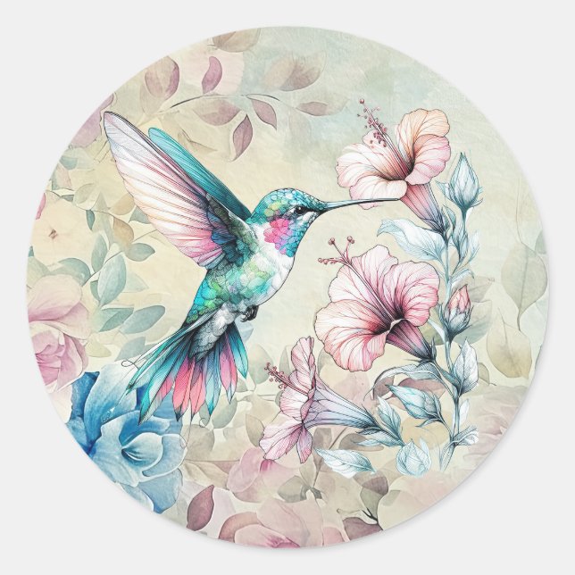 Sticker Rond Belle aquarelle de printemps Colibri floral (Devant)