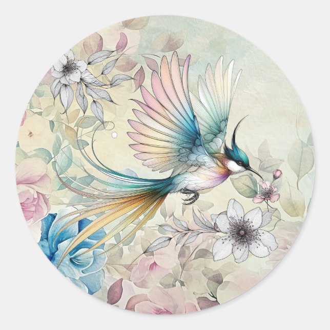 Sticker Rond Belle aquarelle de printemps Oiseau floral en vol (Devant)