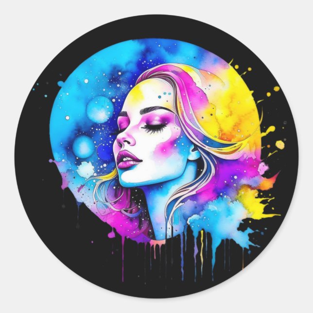 Sticker Rond Belle aquarelle femme Abstraite (Devant)