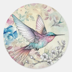 Sticker Rond Belle aquarelle florale d'oiseau-mouche de printem