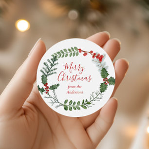 Sticker Rond Belle aquarelle rouge et verte couronne de Noël