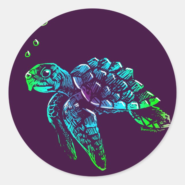 Sticker Rond Belle Art Scratchboard Sea Turtle (Devant)