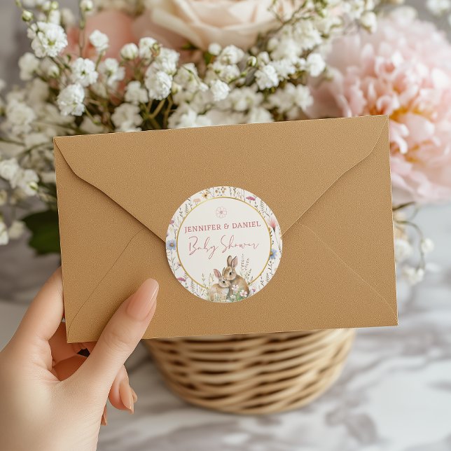 Sticker Rond Belle Baby Shower Fleur Sauvage Beige Lapin Duo Ad (Créateur téléchargé)