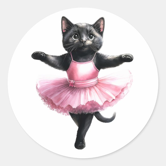 Sticker Rond Belle ballerine de chat noir danse ballet (Devant)