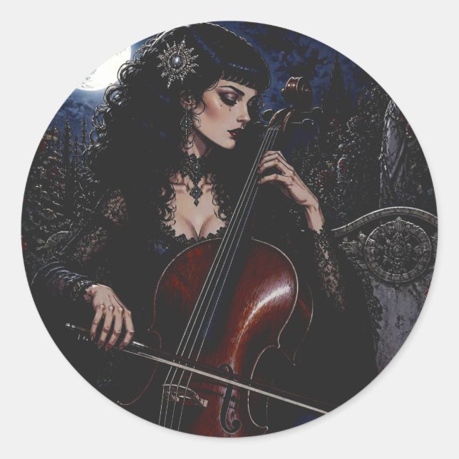 Sticker Rond Belle Beauté Gothique Jouant du Violoncelle  (Devant)