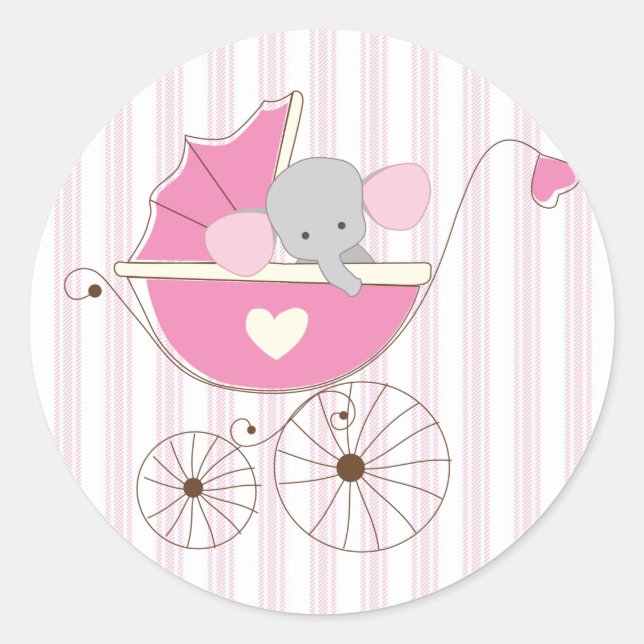Sticker Rond Belle Bébée Fille Rose Eléphant (Devant)