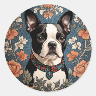 Sticker Rond Belle Boston Terrier William Morris Inspiré