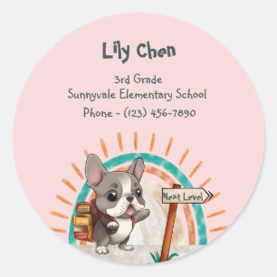 Sticker Rond Belle caricature French Bulldog Retour à l'école