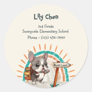Sticker Rond Belle caricature French Bulldog Retour à l'école