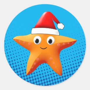 Sticker Rond Belle caricature Starfish Santa Hat