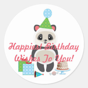 Sticker Rond Belle Cartoon Panda Bear avec voeux d'anniversaire