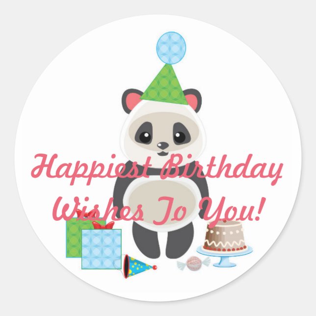 Sticker Rond Belle Cartoon Panda Bear avec voeux d'anniversaire (Devant)