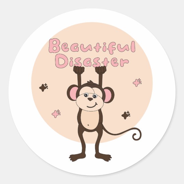 Sticker Rond Belle catastrophe Kawaii Funny Singe rose Brown (Devant)