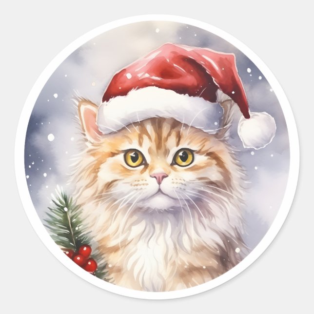 Sticker Rond Belle Chat De Noël D'Hiver À Santa Hat (Devant)