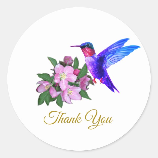Sticker Rond Belle colibri, fleurs et Merci doré (Devant)