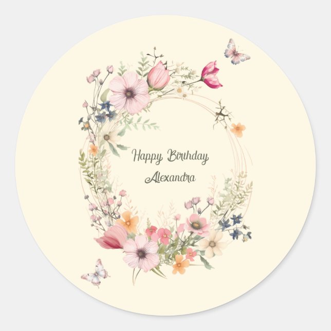 Sticker Rond Belle couronne florale et papillons Anniversaire (Devant)