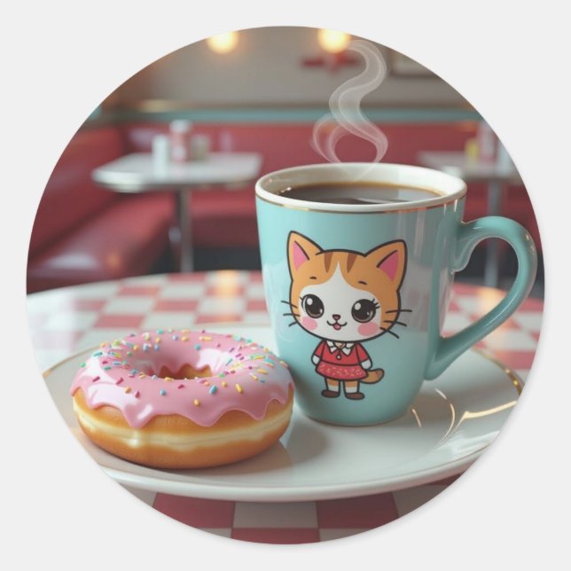 Sticker Rond Belle Donut et café au Retro Diner (Devant)