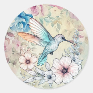 Sticker Rond Belle eau de printemps aquarelle florale colibri