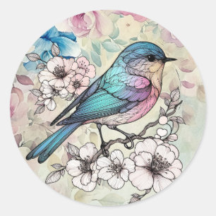 Sticker Rond Belle eau de printemps florale oiseau aquarelle