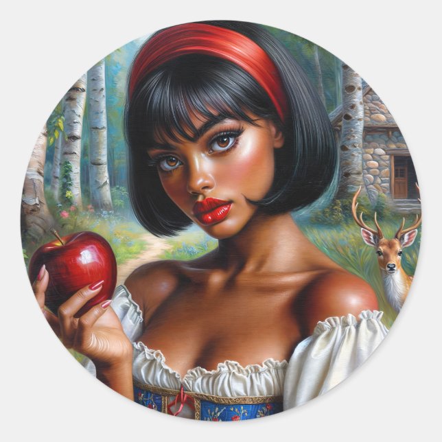 Sticker Rond Belle Femme Noire Avec Pomme (Devant)