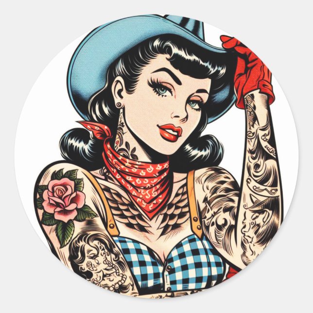 Sticker Rond Belle fille au tatouage en caricature (Devant)