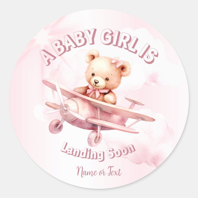 Sticker Rond Belle fille Bébé Ours Pilote Avion Rose Belle (Devant)