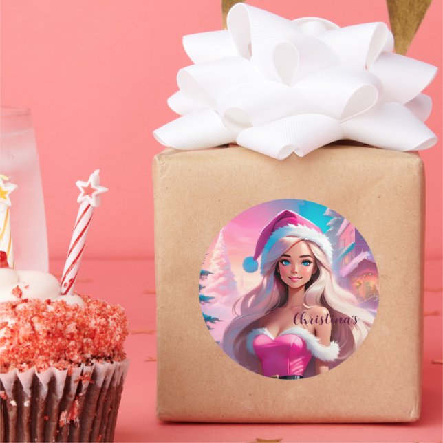Sticker Rond Belle fille de Noël rose 01 (Fête)