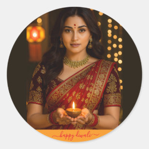 Sticker Rond Belle Indienne tenant une lampe Diwali