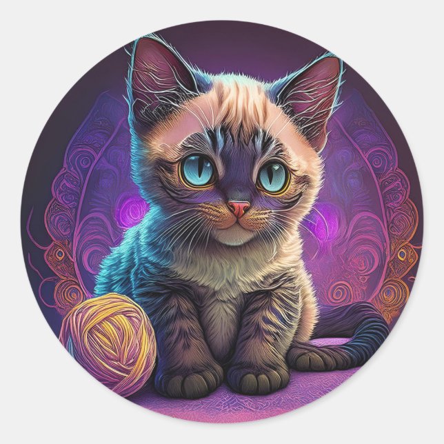Sticker Rond Belle Jeune Kitty Avec Balle En Fil (Devant)