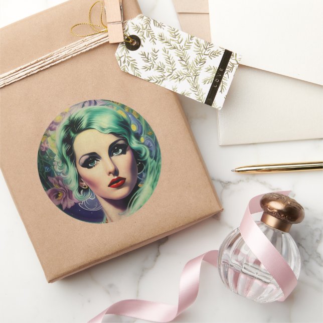 Sticker Rond Belle Lavande & Green Retro Style Space Woman (Cadeaux)