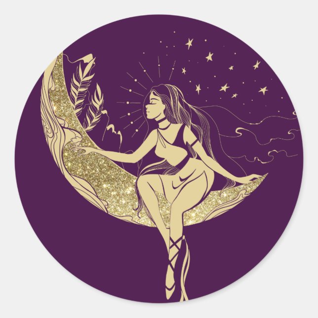 Sticker Rond Belle lune des étoiles femme art déco illustration (Devant)