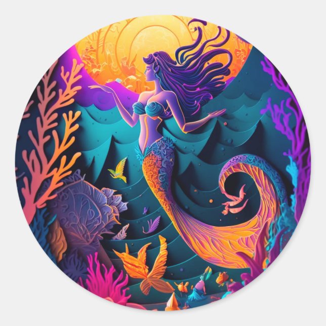 Sticker Rond Belle nymphe de la mer de sirène (Devant)