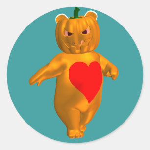 Sticker Rond Belle Petite Ours Avec Tête Citrouille