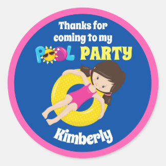 Sticker Rond Belle Piscine Fête Nage Anniversaire Fille Personn