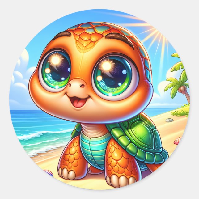 Sticker Rond Belle plage de tortues de mer (Devant)