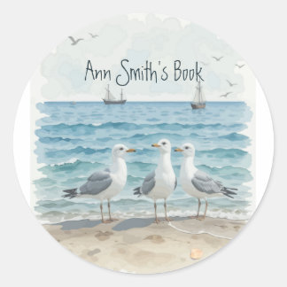Sticker Rond Belle Plage Mouettes Plage Plate de livre océaniqu