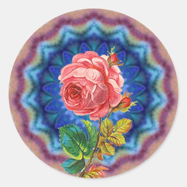 STICKER ROND BELLE ROSE ROSE ROSE EN CERCLES PSYCHÉDÉLIQUES BLE (Devant)