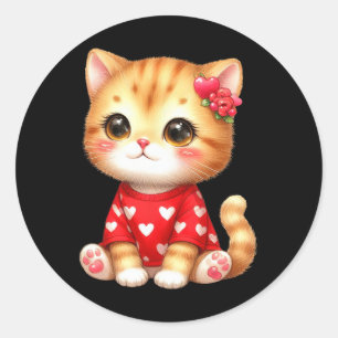 Sticker Rond Belle Saint Valentin Chat Kitten Avec Coeur