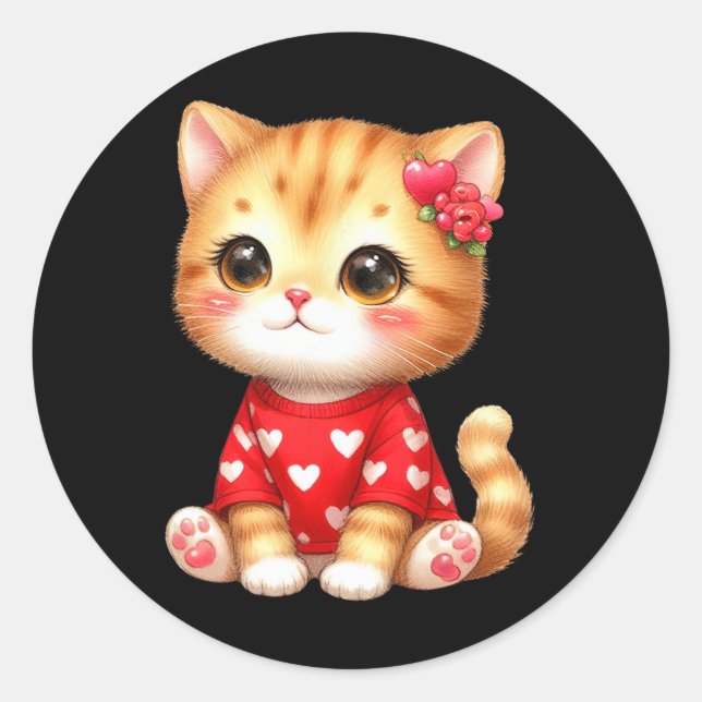 Sticker Rond Belle Saint Valentin Chat Kitten Avec Coeur (Devant)