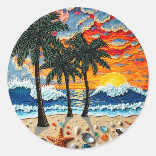 Sticker Rond Belle scène de plage avec des palmiers