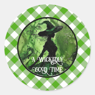 Sticker Rond Belle Sorcière Peinte Vert En vichy Plaid