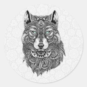 Sticker Rond Belle tête de loup Illustration détaillée