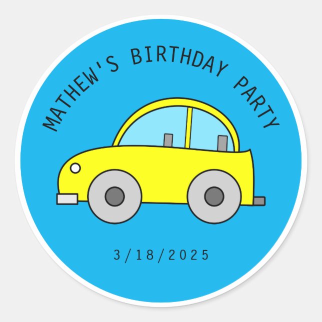 Sticker Rond Belle voiture Jaune Jouet Voiture Anniversaire (Devant)
