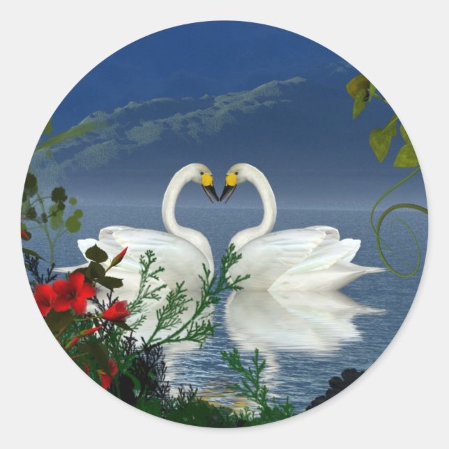 Sticker Rond Belles cygnes du coeur fleurs rouges 1 (Devant)