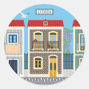 Sticker Rond Belles maisons portugaises avec tuiles ou azulejos